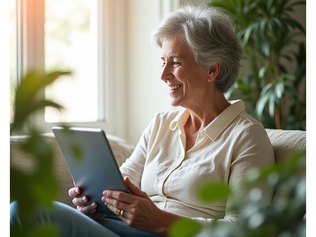 Mujer adulta mayor sonriendo serenamente mientras usa una tablet, rodeada de plantas y luz natural, simbolizando paz y conexión.