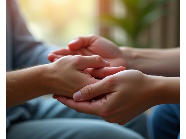 Manos cálidamente unidas, simbolizando apoyo, consuelo y conexión humana en un momento de necesidad, con un fondo desenfocado y tranquilo.