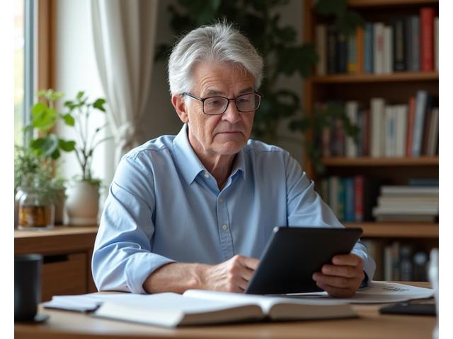 Una persona de mediana edad en un escritorio, concentrada y leyendo contenido digital, con un ambiente cálido y profesional. Simboliza el aprendizaje y el crecimiento.