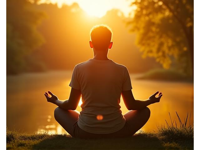 Persona meditando al atardecer en una posición de loto, con luz cálida y serena, representando paz y conexión.