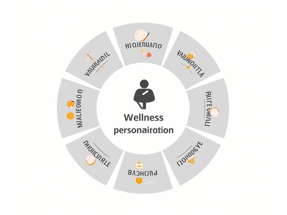 Diagrama circular infográfico de 6 pilares de bienestar: Evaluación, Nutrición, Actividad Física, Gestión Estrés, Sueño, Seguimiento.