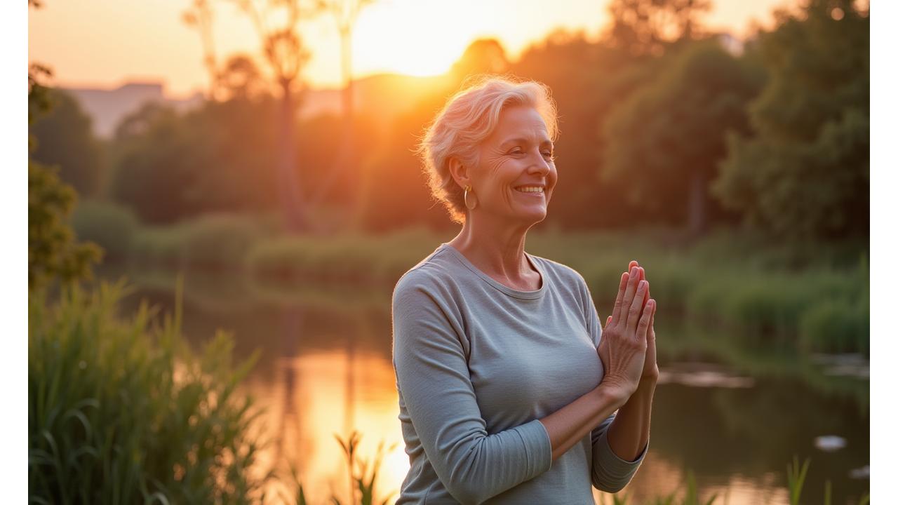 Mujer adulta sonriendo y haciendo yoga al amanecer, simbolizando bienestar y vitalidad.