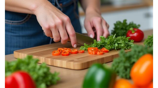 Una mujer en la cocina preparando una comida saludable con vegetales frescos, simbolizando la nutrición consciente y cocina casera.