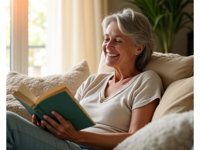Mujer sonriente de 50s leyendo un libro en un sofá, imagen vibrante que transmite calma y bienestar.