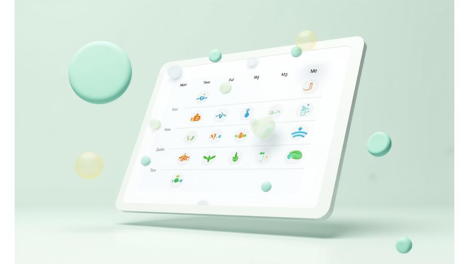 Una interfaz de calendario digital brillante y moderna con iconos de bienestar superpuestos en fechas, mostrando una organización clara del mes.