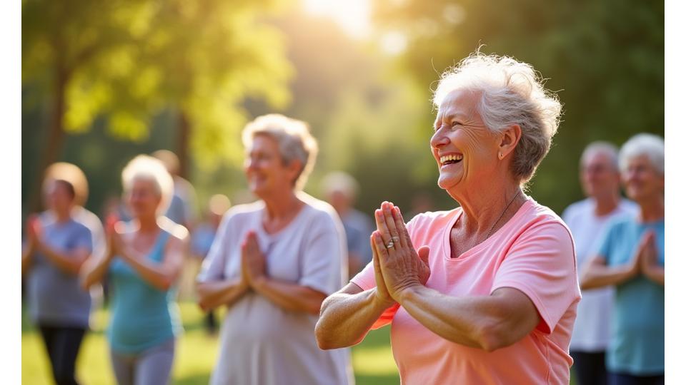 Grupo de personas adultas participando activamente en una clase de yoga al aire libre con un instructor, sonriendo y demostrando conexión comunitaria y actividad física.