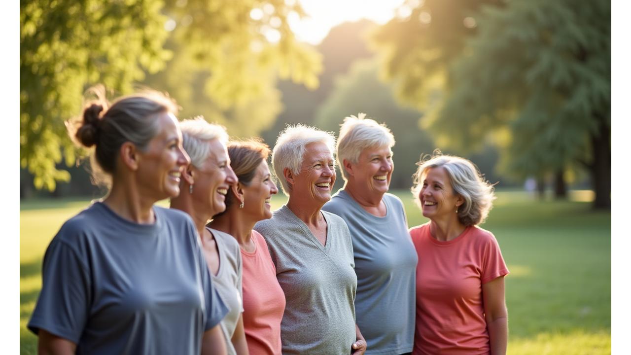 Grupo diverso de personas activas sonriendo y conectando en un ambiente de bienestar al aire libre, representando una comunidad apoyándose mutuamente.