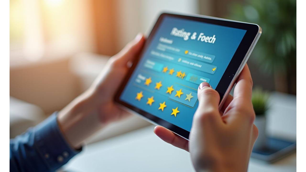 Mano sosteniendo un dispositivo móvil con una interfaz de estrellas de calificación y burbujas de discurso, simbolizando la facilidad de dar feedback y la importancia de la opinión del usuario.