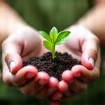 Manos ahuecadas sosteniendo delicadamente una pequeña planta verde que brota de la tierra, simbolizando crecimiento, cuidado y bienestar mental.
