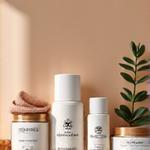 Varios productos de bienestar y cuidado personal (cremas, aceites esenciales, suplementos) dispuestas limpiamente en un mostrador, con una mano evaluando uno de ellos.