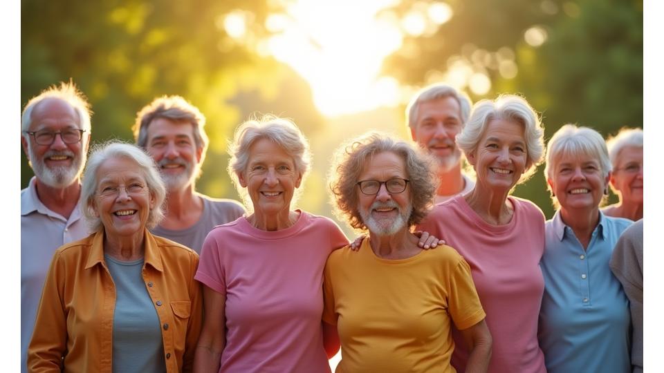 Grupo alegre y diverso de personas adultas activas de la mano, creando un semicírculo y simbolizando unidad, apoyo y comunidad en un entorno natural y luminoso.