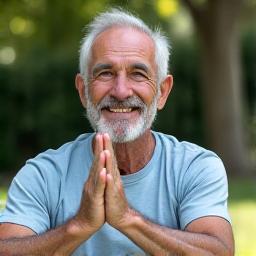 Retrato de Carlos Sánchez, de 62 años, realizando yoga al aire libre