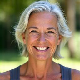 Retrato de María Fernández, de 58 años, sonriendo con vitalidad