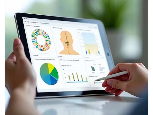 Persona usando una tableta para introducir datos en una calculadora de bienestar, con gráficos y visualizaciones de progreso en la pantalla.