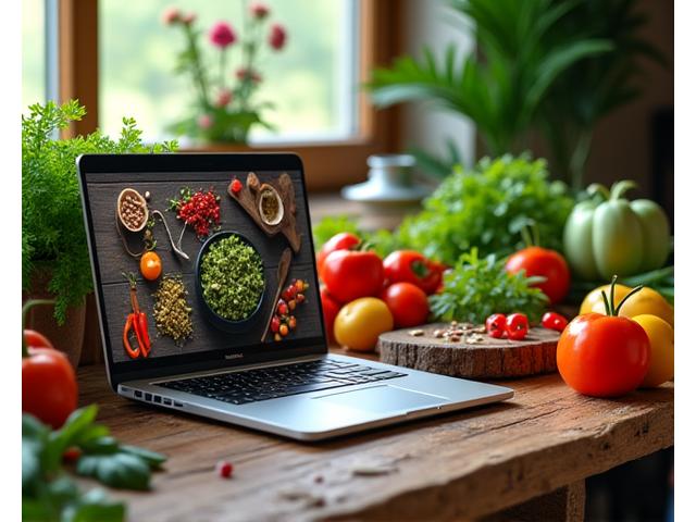 Vista aérea de una mesa llena de ingredientes frescos y coloridos como verduras, frutas, especias y hierbas aromáticas, listos para cocinar. Al lado, un portátil abierto con una receta en la pantalla.