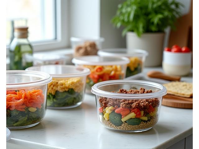 Varias cajas de comida preparada y etiquetada, listas para la semana, sobre una encimera de cocina.