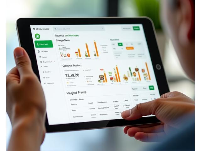 Panel de control digital en una pantalla de ordenador o tablet, mostrando gráficos de macronutrientes, calorías y patrones alimentarios, con iconos de comida en la interfaz.