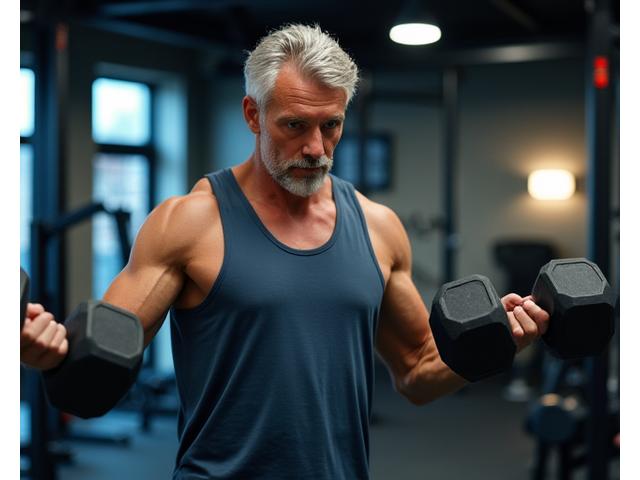 Hombre de 50 años en gimnasio de Madrid levantando pesas, simbolizando fuerza y vitalidad madura.