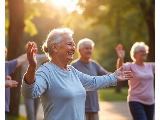 Grupo de adultos mayores de 55 años riendo y haciendo tai chi en un parque de Madrid, ilustrando bienestar y conexión social.