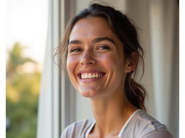 María, 42 años, sonriendo y activa, después de reducir su estrés y mejorar su energía