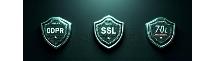 Colección de insignias de seguridad digital y certificaciones (SSL, GDPR, ISO 27001), enfatizando el compromiso de AlmaVivir con la seguridad de los datos