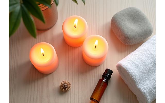 Velas aromáticas, aceites esenciales y toallas de spa sobre una mesa de madera