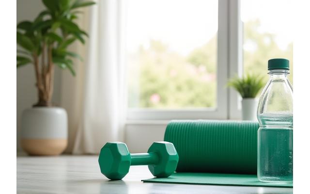 Mancuerna, esterilla de yoga y botella de agua en un gimnasio casero iluminado