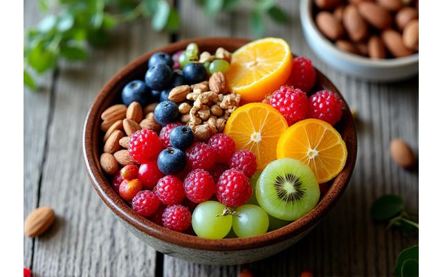 Un bol de frutas frescas variadas y frutos secos