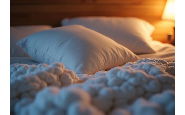 Almohada cómoda con una manta y luz tenue, simbolizando el descanso
