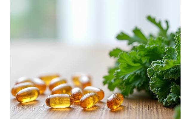 Cápsulas de suplementos nutricionales y hojas verdes