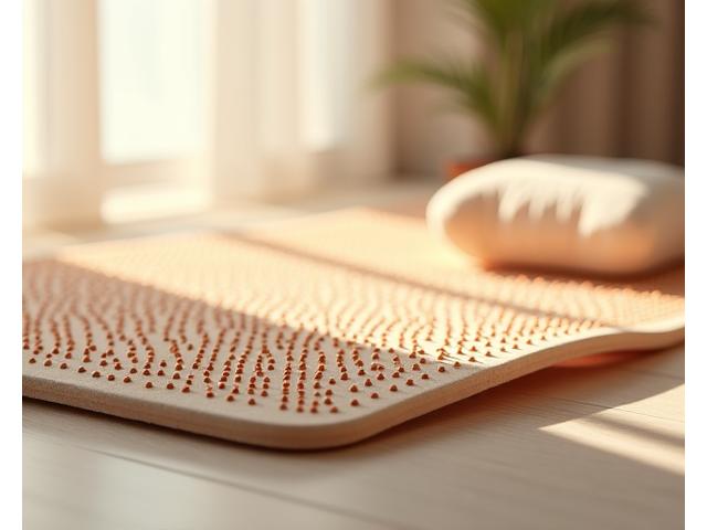 Esterilla de acupresión con almohada, sobre un suelo de madera