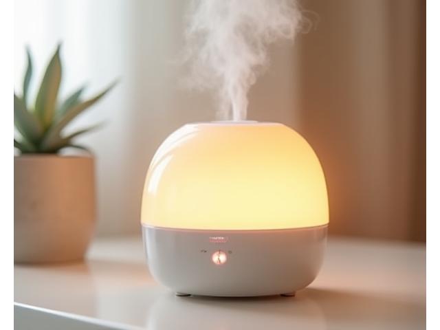 Humidificador con luz ambiental suave y vapor saliendo