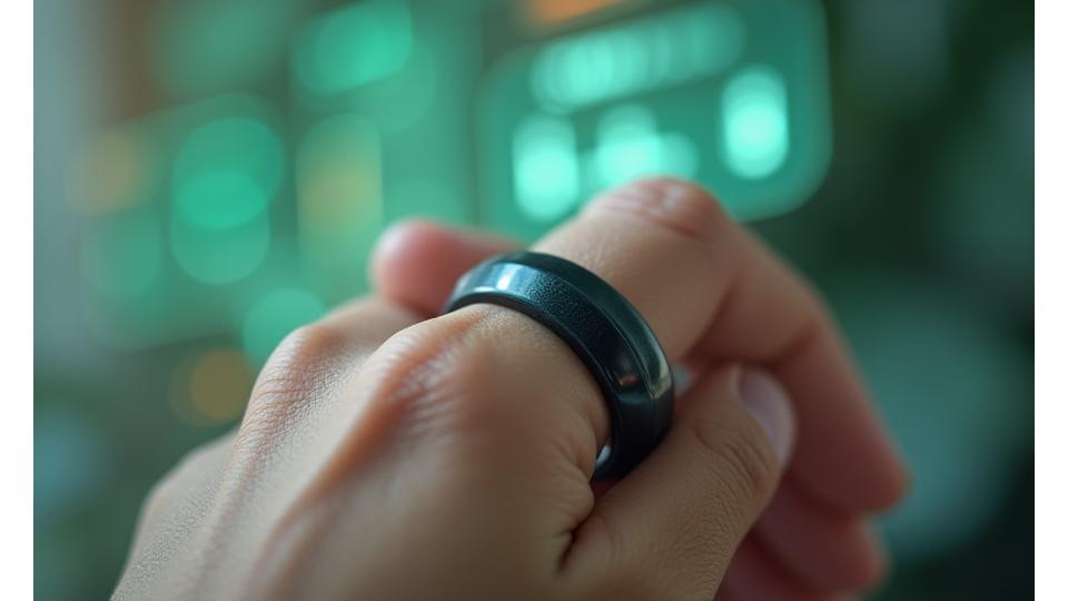 Anillo Oura Gen 3 en primer plano, con gráficos de seguimiento de sueño y actividad en el fondo.