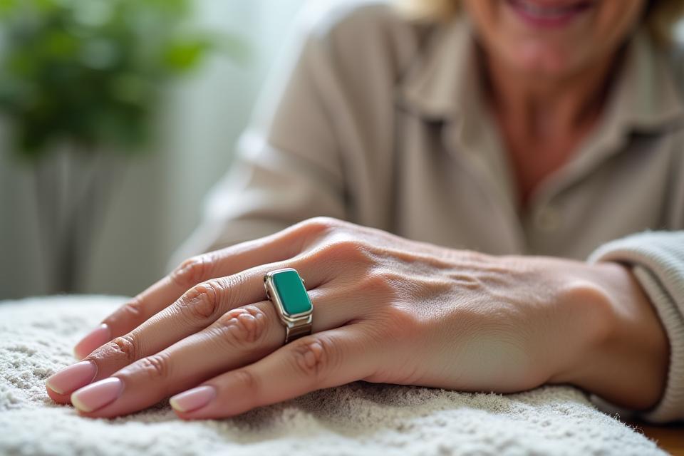Primer plano de un Oura Ring en un dedo, con una persona madura sonriendo en el fondo difuso.