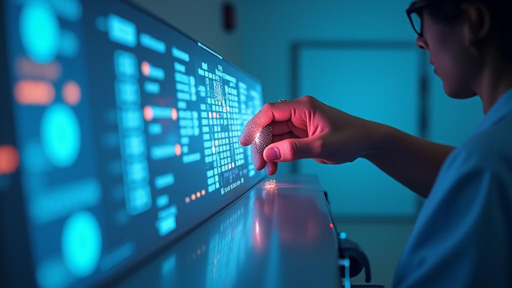 Una representación futurista de tecnología de salud, con hologramas y conexiones de datos, en un entorno de ciencia ficción limpio.