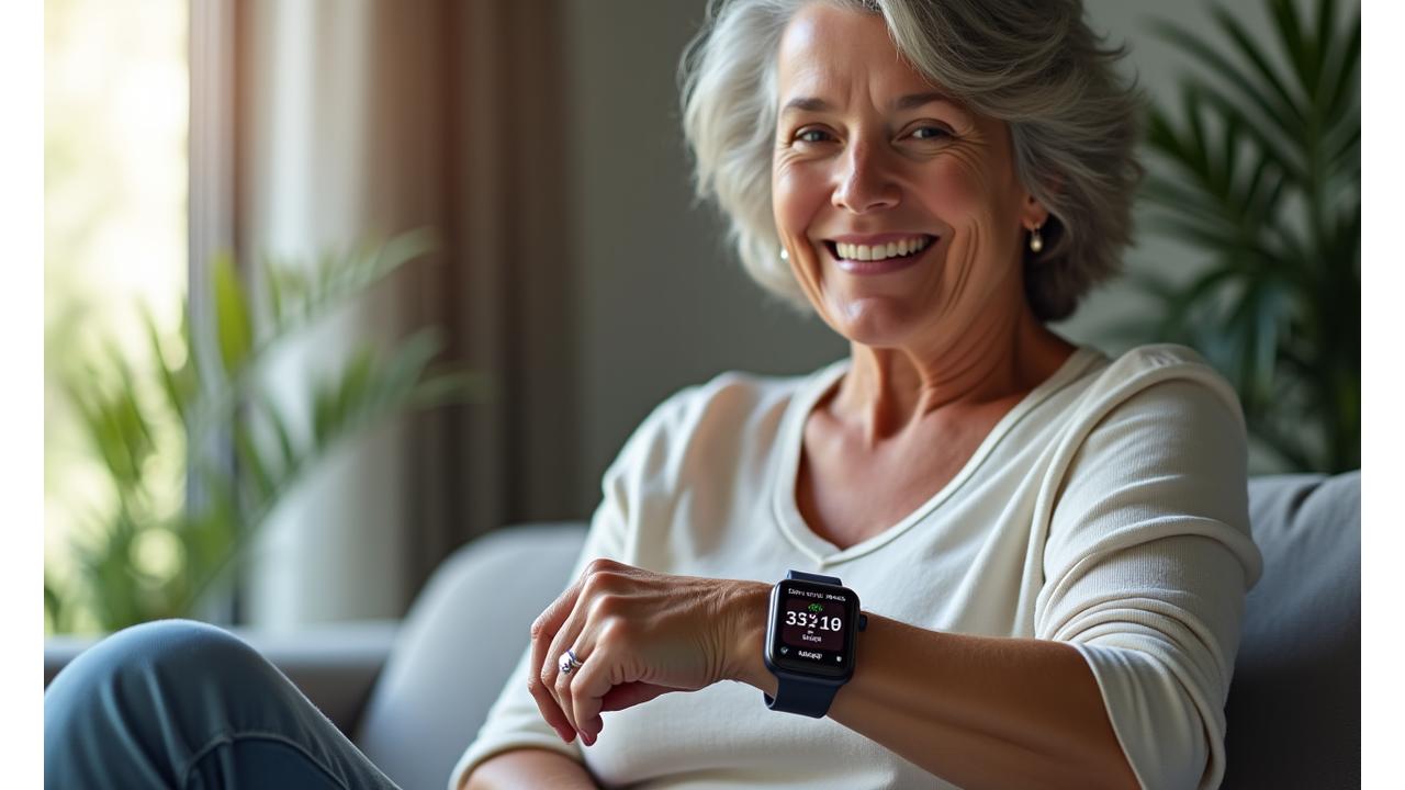Mujer sonriendo y usando un smartwatch con una interfaz de salud en la pantalla, en un entorno de hogar moderno.