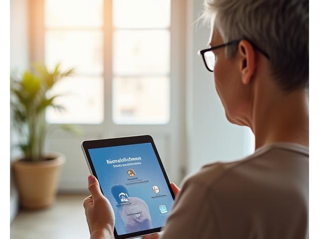 Mujer adulta realizando un test de equilibrio de forma segura con la guía de una app en su tablet.