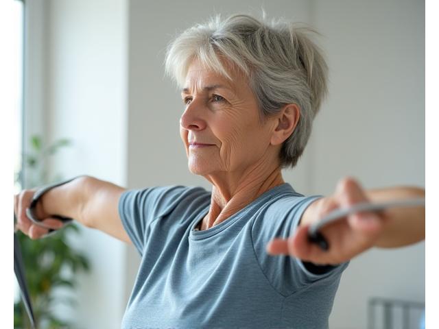 Persona de mediana edad realizando estiramientos suaves con una banda de resistencia, focalizando en la movilidad de las articulaciones.