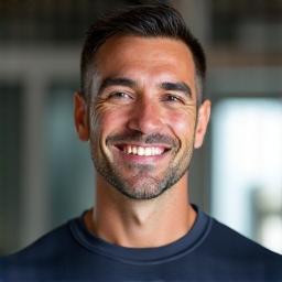 Retrato de Carlos Ruiz, entrenador personal experto en movilidad, con una sonrisa motivadora.