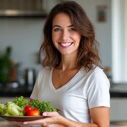 Marta, 48 años, sonriendo tras haber perdido peso y ganado energía gracias al taller de cocina saludable.