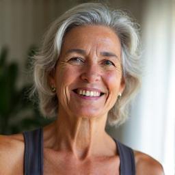 Pilar, 62 años, activa y feliz, simbolizando la mejora en movilidad y vitalidad lograda con los talleres de actividad física.