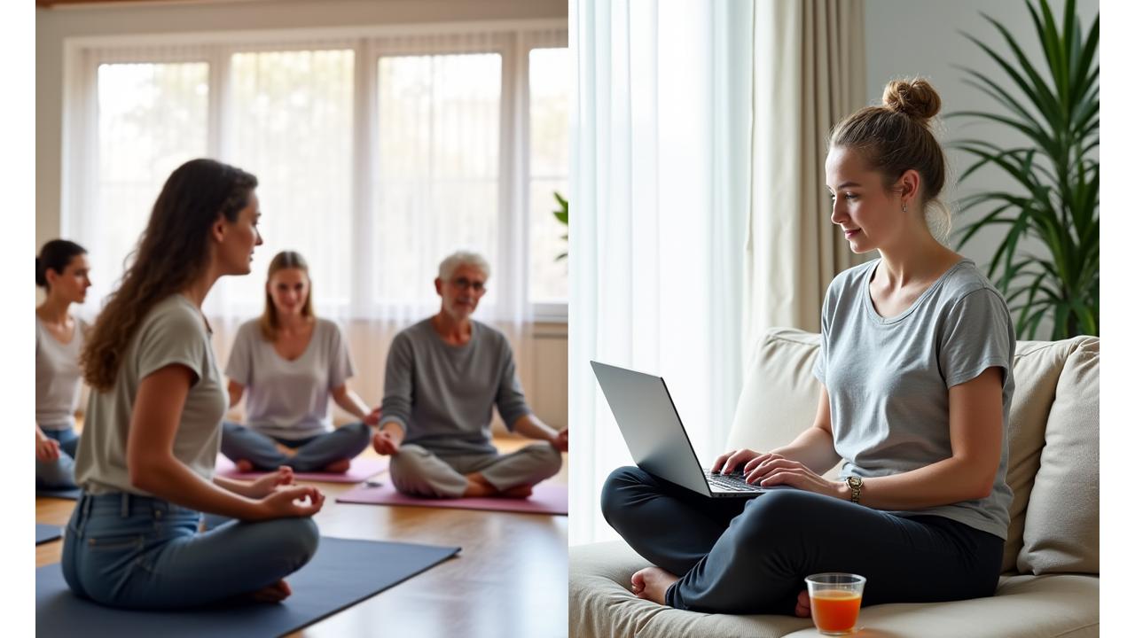 Divided image: left shows a group of adults in a bright, modern studio participating in a yoga workshop (presencial); right shows an individual mature adult engaging in an online wellness class from a comfortable home setting (virtual). Illustrates both workshop modalities.