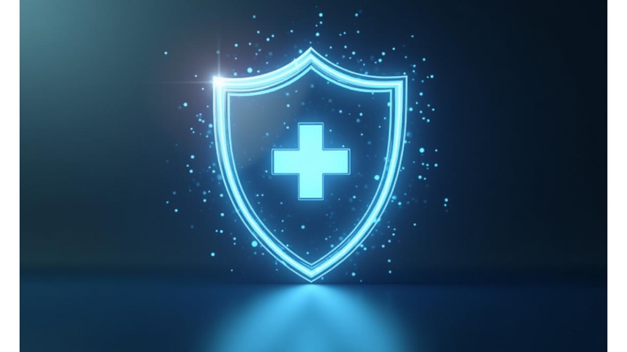 Escudo estilizado con el símbolo de la cruz médica, proyectando una barrera de protección de luz que simboliza las limitaciones y la seguridad en los servicios de salud digital.