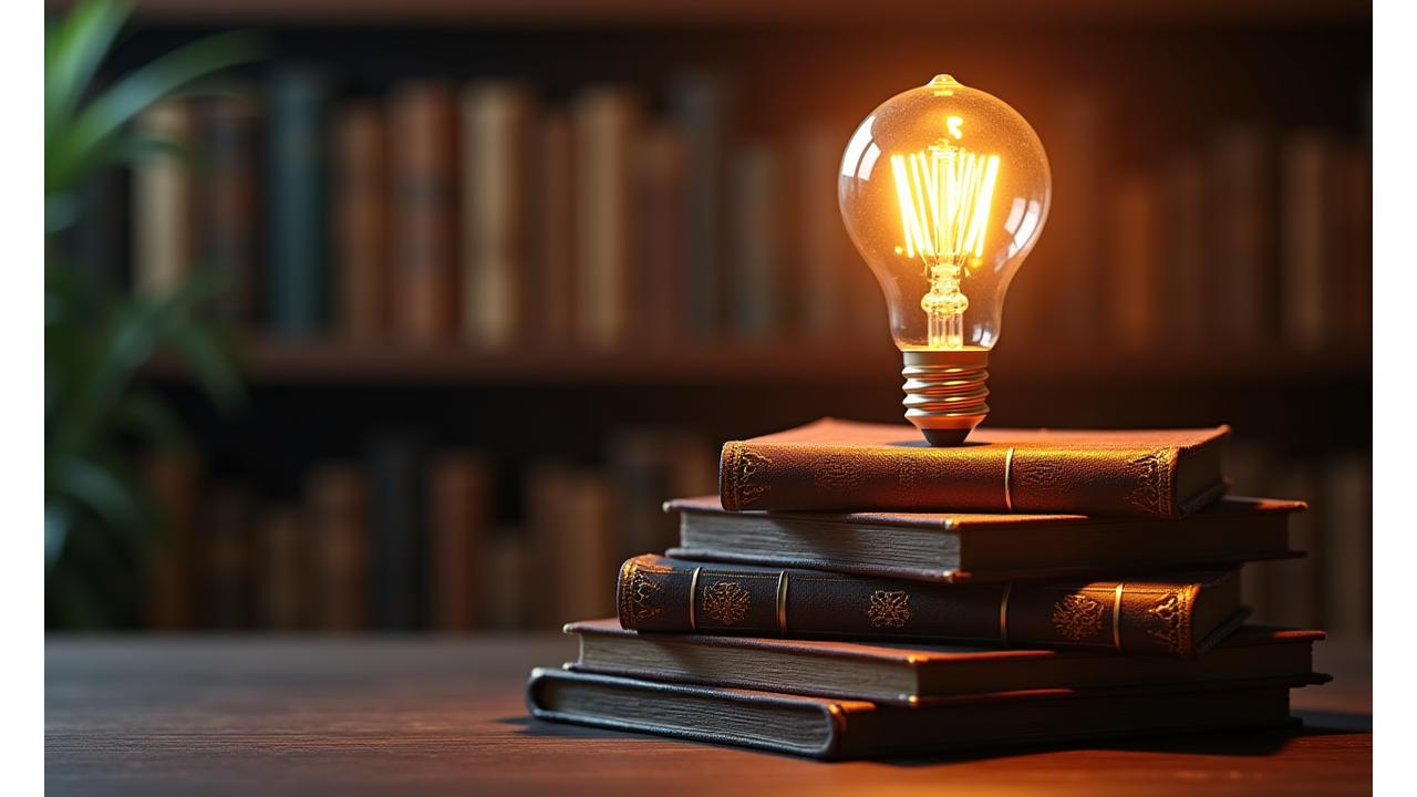 Una bombilla encendiéndose suavemente sobre una pila de libros antiguos, simbolizando la protección de ideas y conocimiento en el ámbito de la propiedad intelectual.